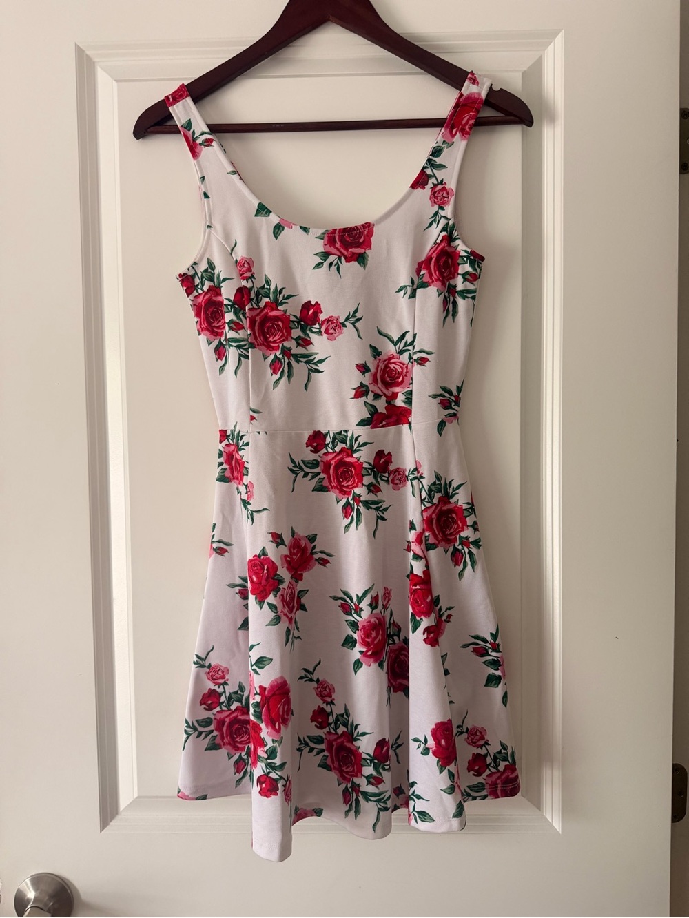 Divided White Mini Dress with Red Rose Print